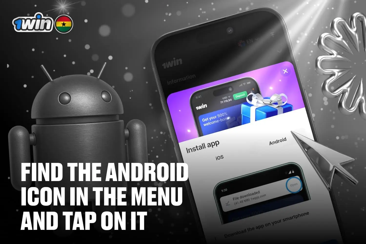 Android icon on 1win website mobile version