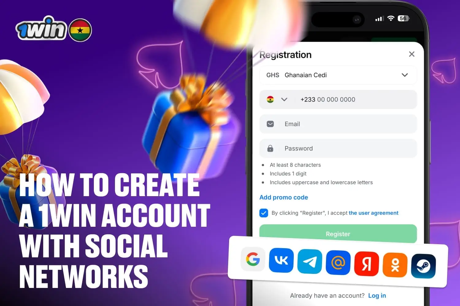 Social media registration method at 1win
